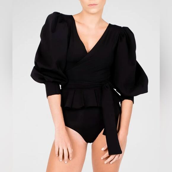 MAYGEL CORONEL Nuevo Mundo Puff-Sleeve two-Piece Swimsuit Extended NWT Black - Picture 1 of 11